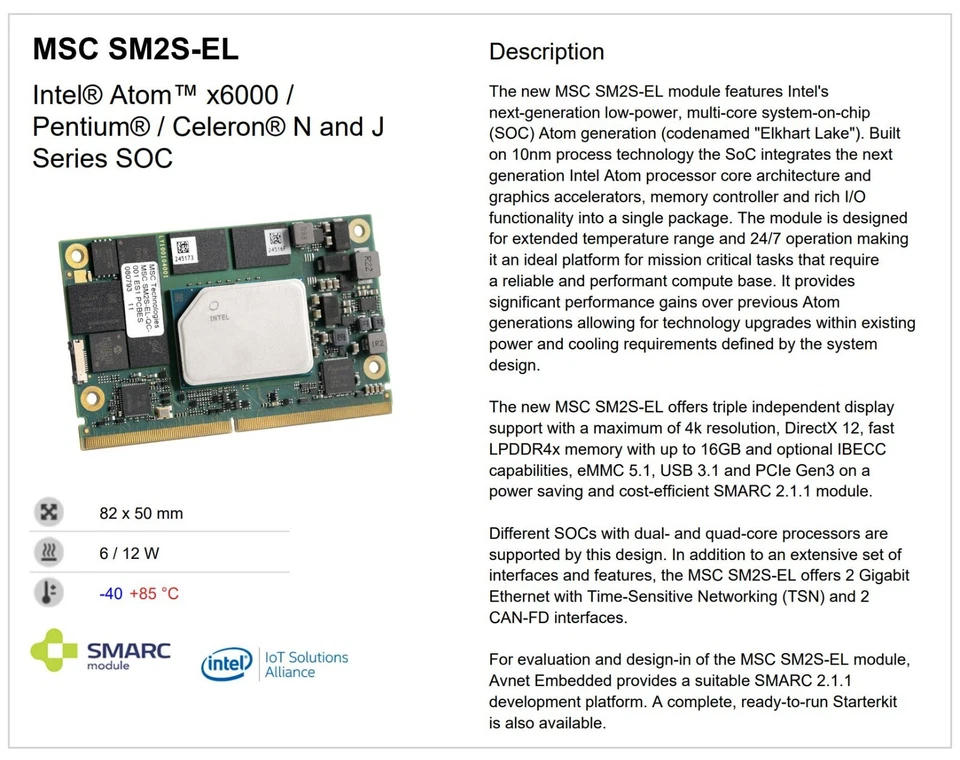 AVNET MSC SM2S-EL Intel Atom x6414RE Processor, quad-core, 1.5GHz 4GB/32GB SOM - Image 3 of 3