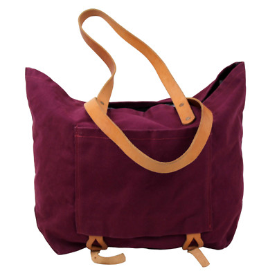 MIMOT TAN BROWN GENUINE LEATHER CHERRY RED CANVAS OPEN TOP SHOULDER BAG TOTE