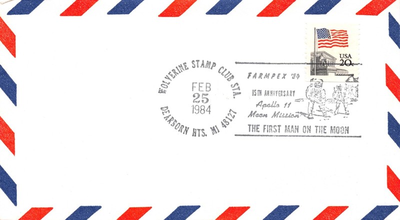 APOLLO 11 15th ANNIV. WOLVERINE CLUB CANCEL RED/BLUE FARMPEX COVER STAMP SC#1895