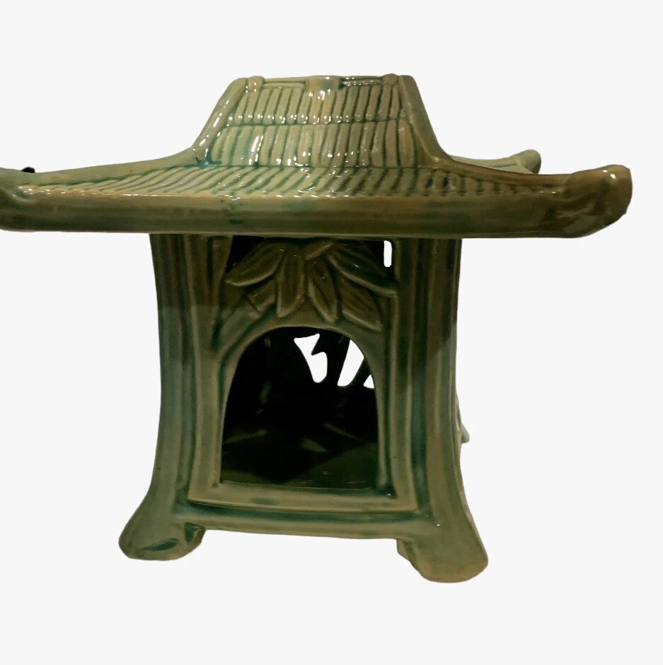 Lanterna de pagode vintage Celadon verde vitrificada pendurada ou sentada vela luminária - Imagem 3 de 4