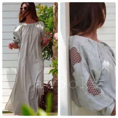 H&M Grey Green Embroidered Cutwork Open Back Maxi Kaftan Dress size S 8 10  12