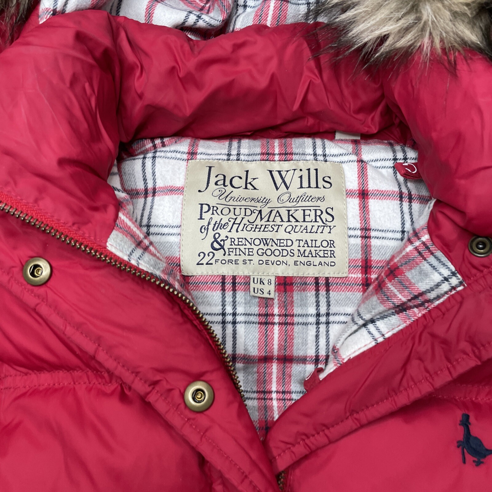 Jack Wills Womens Puffer Vest Zip Button Hood Faux Fur Red US 4 eBay