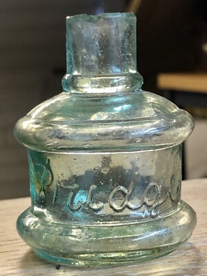 1885 Early PRIDGE Ink Cotton Reel Shaped Glass Aqua Bottle (G301)