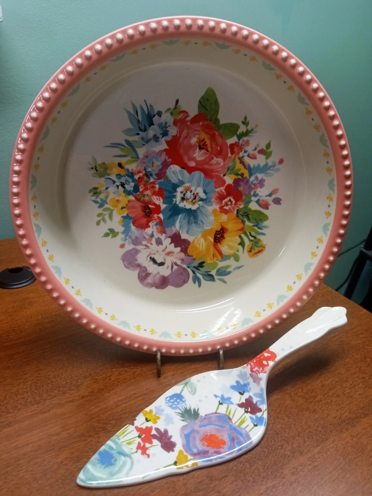 Pioneer Woman 10" Floral Pie Plate and Pie Server Pink Checkered Dish Unused