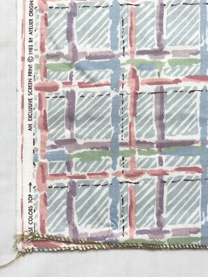 Vtg 80 s Blue Pink Purple Green Abstract Geometric Cotton Fabric 51 x 44  Wide