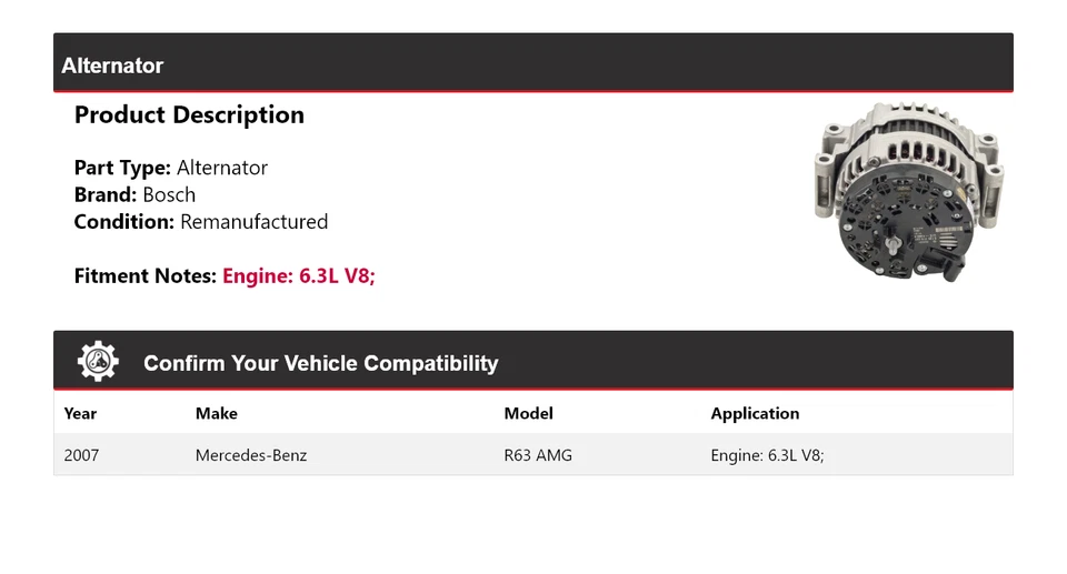 Alternador Bosch para Mercedes R63 AMG 2007 6,3 L V8 (remanufacturado) Foto 2 de 4