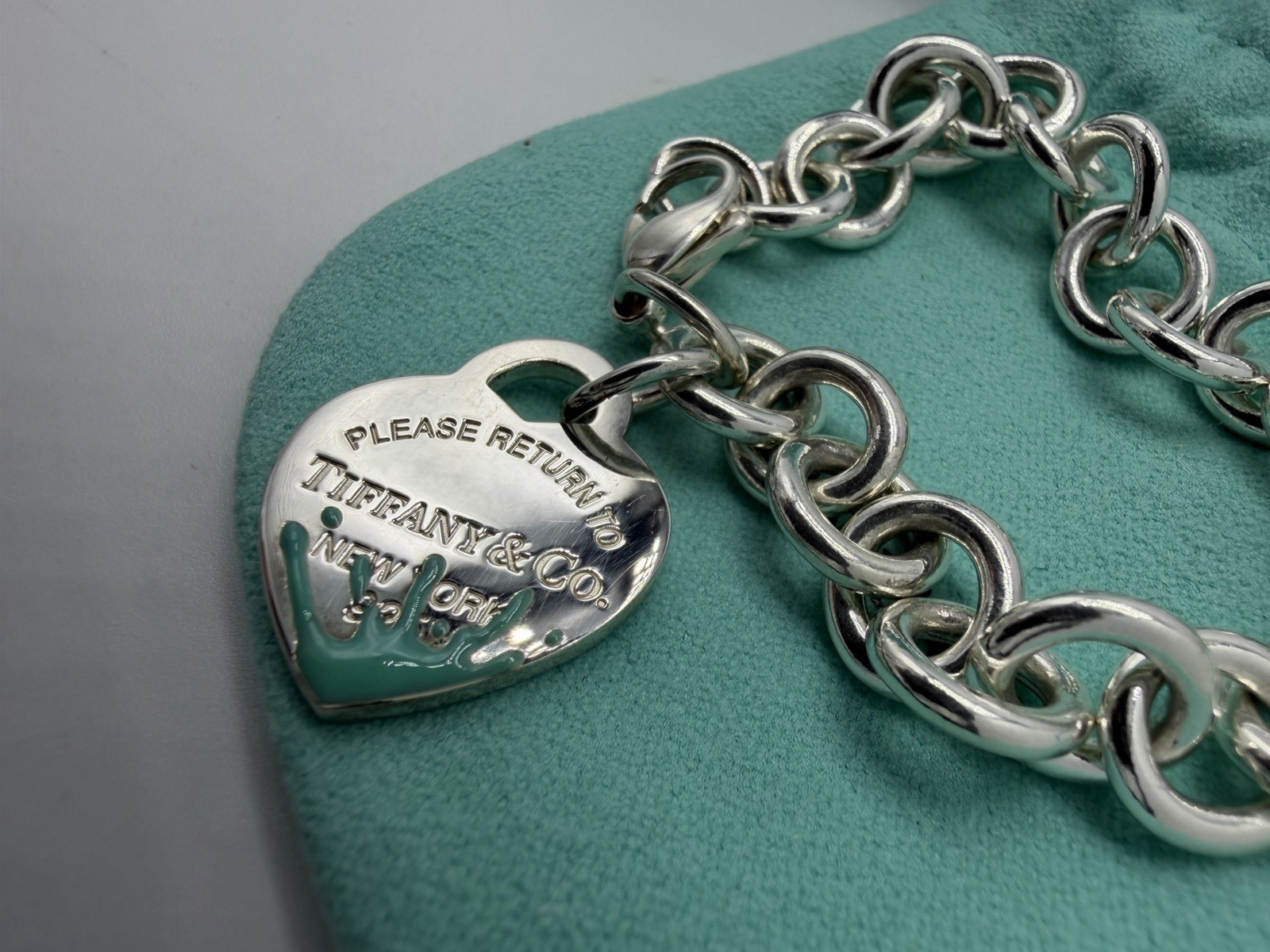 Tiffany & Co. Return to Tiffany Blue Splash Heart Tag Silver Bracelet 6.5" - New