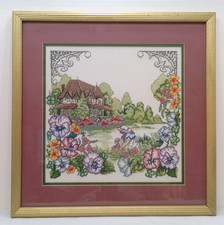 Framed Candamar Designs "Girl in the Garden" Cross Stitch 17"x17" Completed