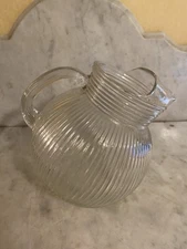 Vintage Fine Ribbed Clear Glass 80 Oz. Tilted Ball Jug Pitcher With Ice Lip