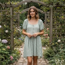 No Boundaries XXXL 21 Dress Green White Floral Puff Sleeve Cottage Coquette Twee