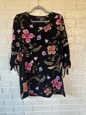 Express Floral Shift Tunic Dress Top Small Black Pink Purple Flowers 3/4 Sleeve