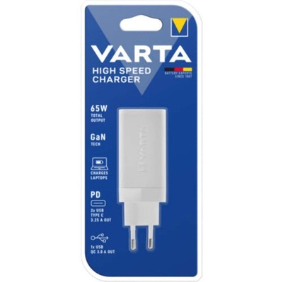 VARTA 65W GaN USB-C Wall Charger, 2x USB-C PD + USB-A QC Fast Charge