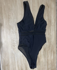 Women s Solid Black Mesh V-Neck Lined One-Pie...