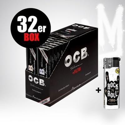 OCB Premium Long Slim Schwarz + Tips Zigarettenpapier Long Paper + Feuerzeug