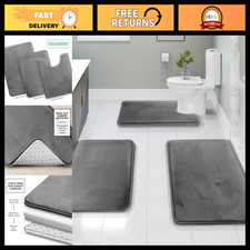 3-Piece Velvet Memory Foam Bath Mat Set, Non-Slip, Ultra Soft, Quick Dry, Grey