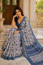 Aadatein Linen Floral Printed Saree with Contrast Woven Border  Tassels
