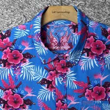 Retro Rifle Hibiscus Hawaiian Shirt Mens Large Floral Multicolor Stretch Tropics