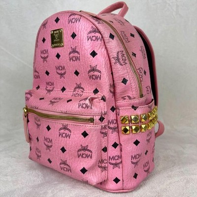 MCM Stark Studs Backpack Pink Canvas Leather Pink Used Authentic
