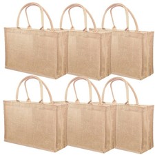 6 Pack Jute Tote Bag Reusable Burlap Beach Rounded Handles 15.4x12.2x5.9