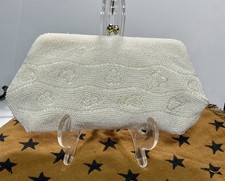 Vintage White Beaded Clutch Purse Kiss Lock Mid Century Evening Bag