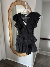 LoveShackFancy Gwen Black Eyelet Ruffle Mini Dress Smocked Waist  00 XXS Womens