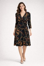 Ralph Lauren Womens Black Faux Wrap Dress Knee Length Chain Print Work Party 6P