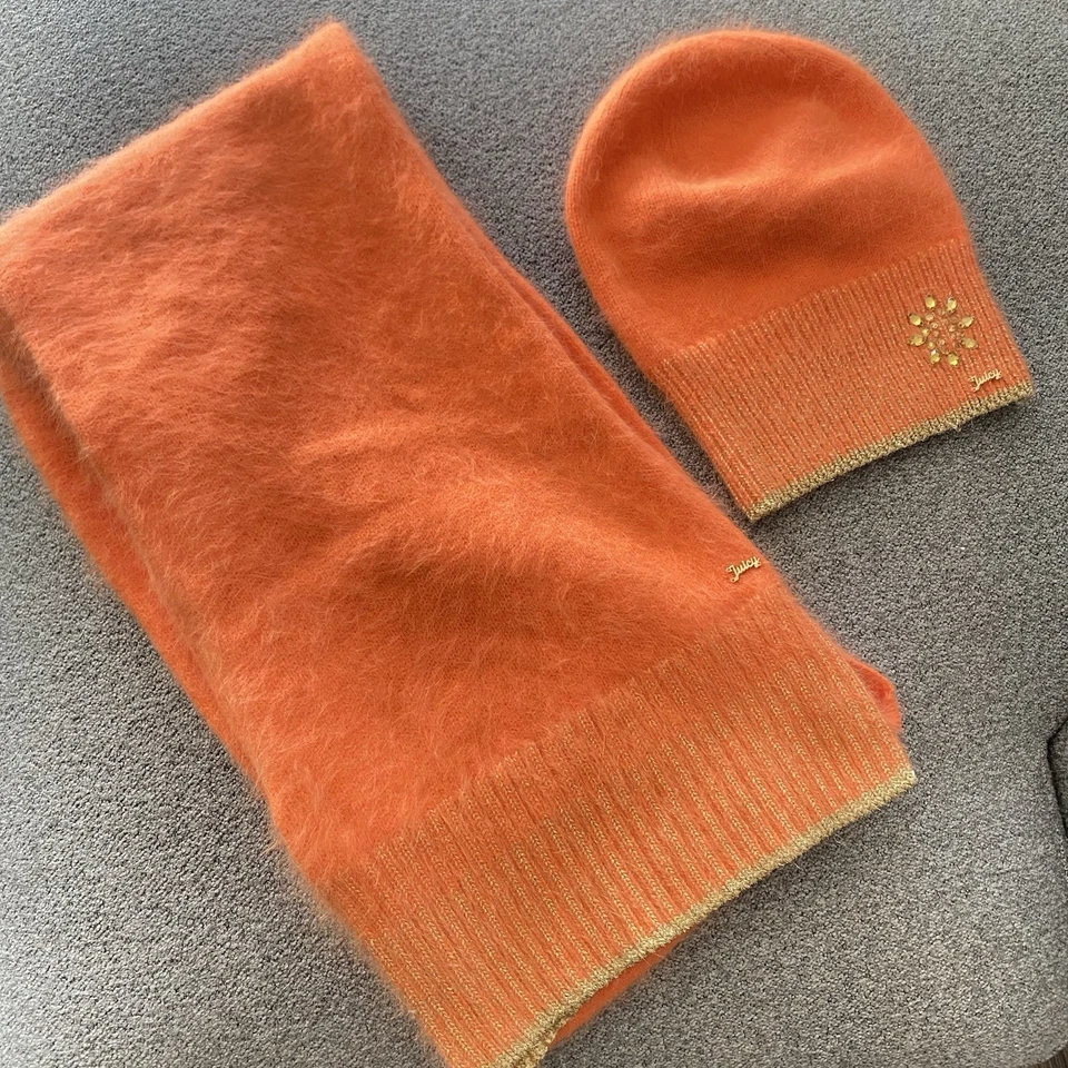 Juicy Couture Gorro Bufanda Lote de 2 Naranja Cachemira Suave Borde Dorado Estrás Foto 2 de 4