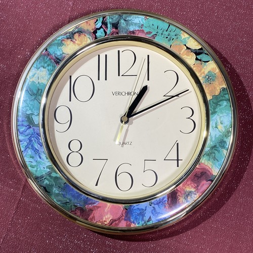 Wall Clock Verichron Blue Green Floral Gold Trim Model 700863 Serena Vintage 80s