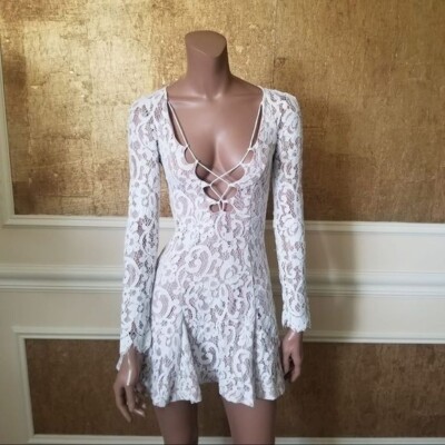 Revolve Stylestalker cream lace V neck lace up detail long sleeves mini dress XS | eBay Revolve Stylestalker cream lace V neck lace up detail long sleeves mini dress XS | eBay