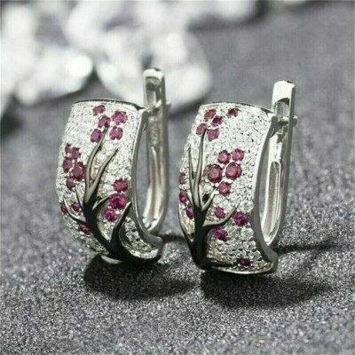 Round Cut Simulated Pink Ruby Women's Huggie Hoop Earring 14k White Gold Plated