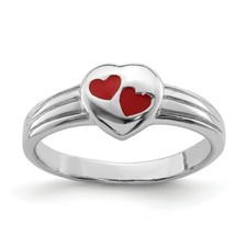 .925 Sterling Silver Rhodium Plated Childrens Red Enameled Heart Ring Size 3 - 4