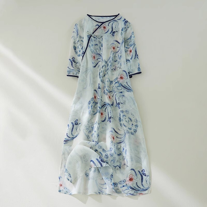 Chinese Style Retro Floral Dress Half Sleeve Women Cheongsam Loose  