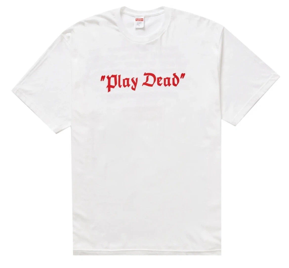 T shirt blanc homme Supreme Play Dead Tee taille M boîte graphique logo FW22 flambant neuf
