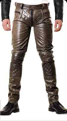 Herren Distressed Braun Gesteppte Lederhose | Echtes Lammfell Leder Biker Hose