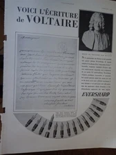 EVERSHARP writing VOLTAIRE and his bust by HOUDON advertising ILLUSTRATION 1930