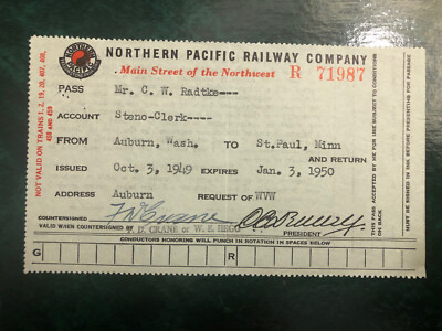 #ad 1949 NORTHERN PACIFIC RAILWAY COMPANY TRIP PASS STENO CLERK WA to MINN $9.99