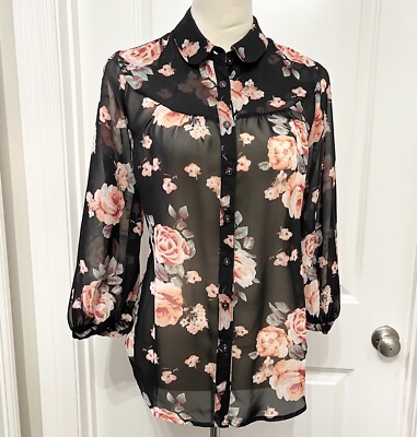 Philosophy Floral Sheer Chiffon 3/4 Sleeve Button Up Blouse Size M Black Pink