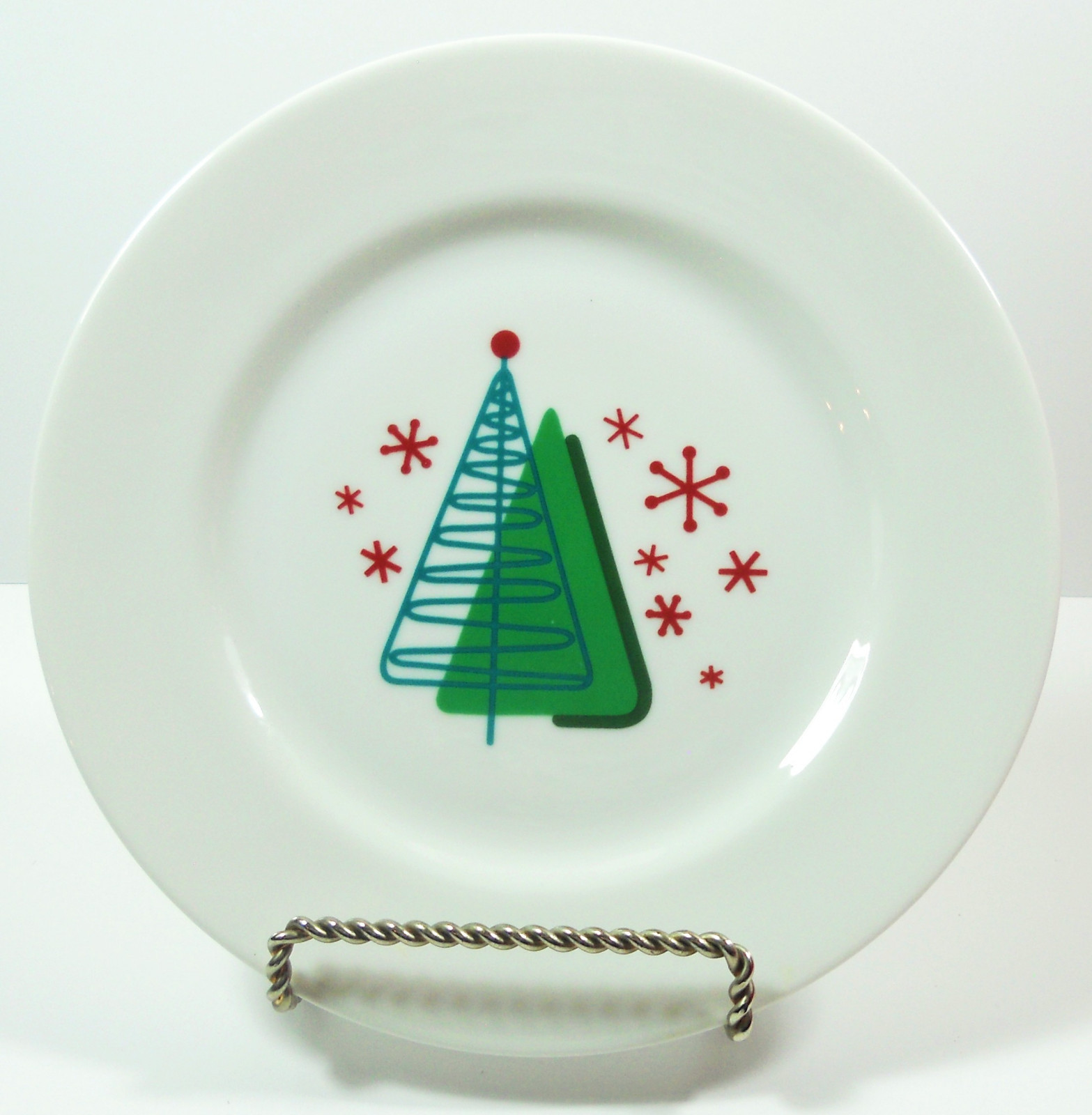 Crate Barrel Cool Yule Dessert Salad Plate Christmas Tree Snowflakes Red Green