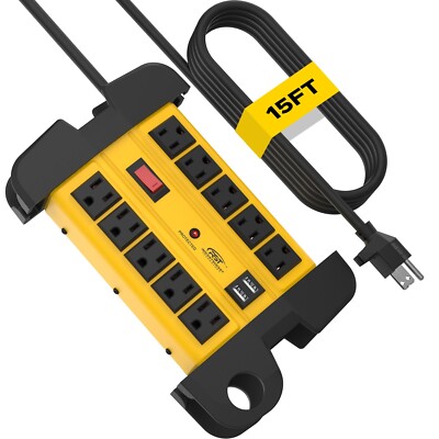 10-Outlet Metal Power Strip with USB (3.1A), with Surge Protector ，15FT Cord