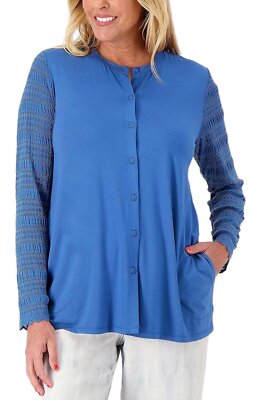 LOGO by Lori Goldstein Rayon 230 & Lace Cardigan Coastal Blue