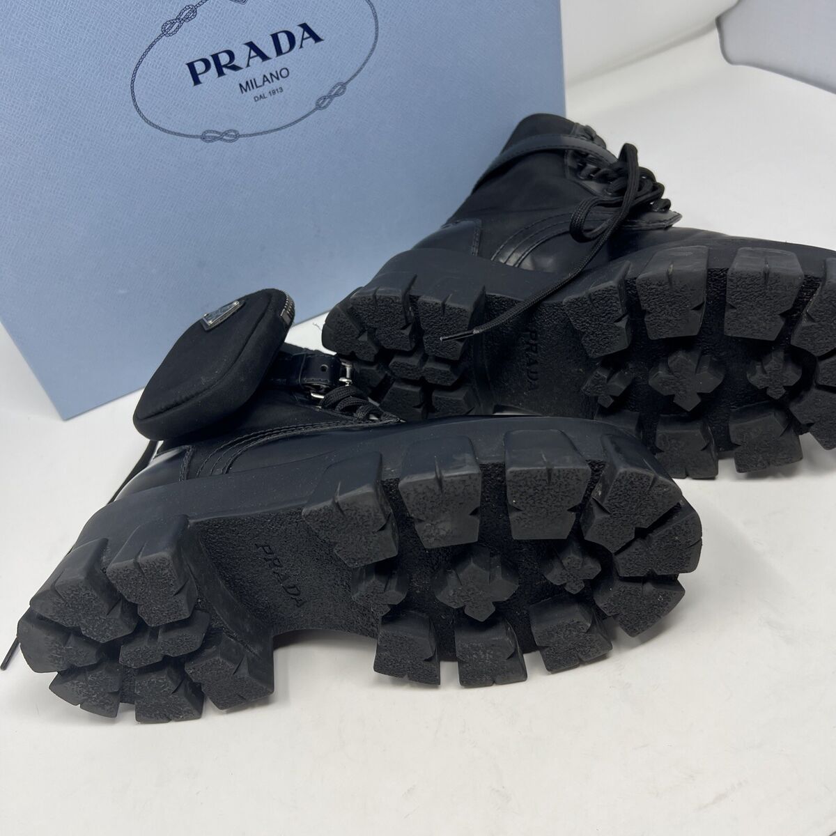 Prada Leather And Re-Nylon Boots With Pouch In Black - Size Prada Leather And Re-Nylon Boots With Pouch In Black - Size