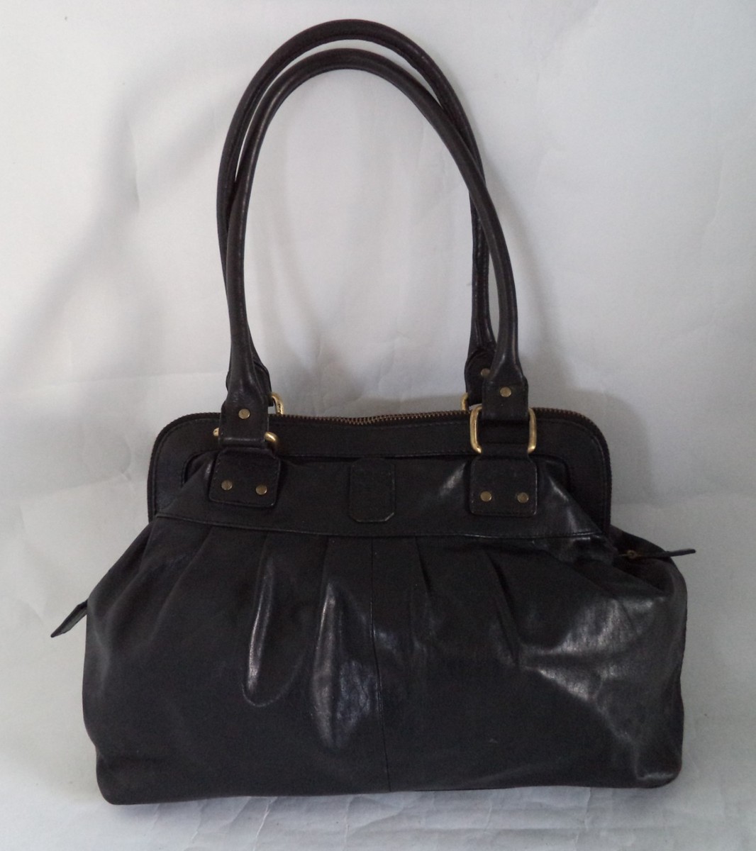 BETTY JACKSON BLACK LEATHER BAG HANDBAG DOUBLE STRAPS BLACK