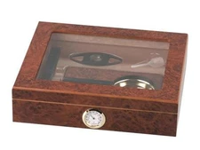 15 CIGAR HUMIDOR GIFT BURL WOOD w. GLASS TOP incl ASHTRAY, CUTTER, HUMID, HYGR.