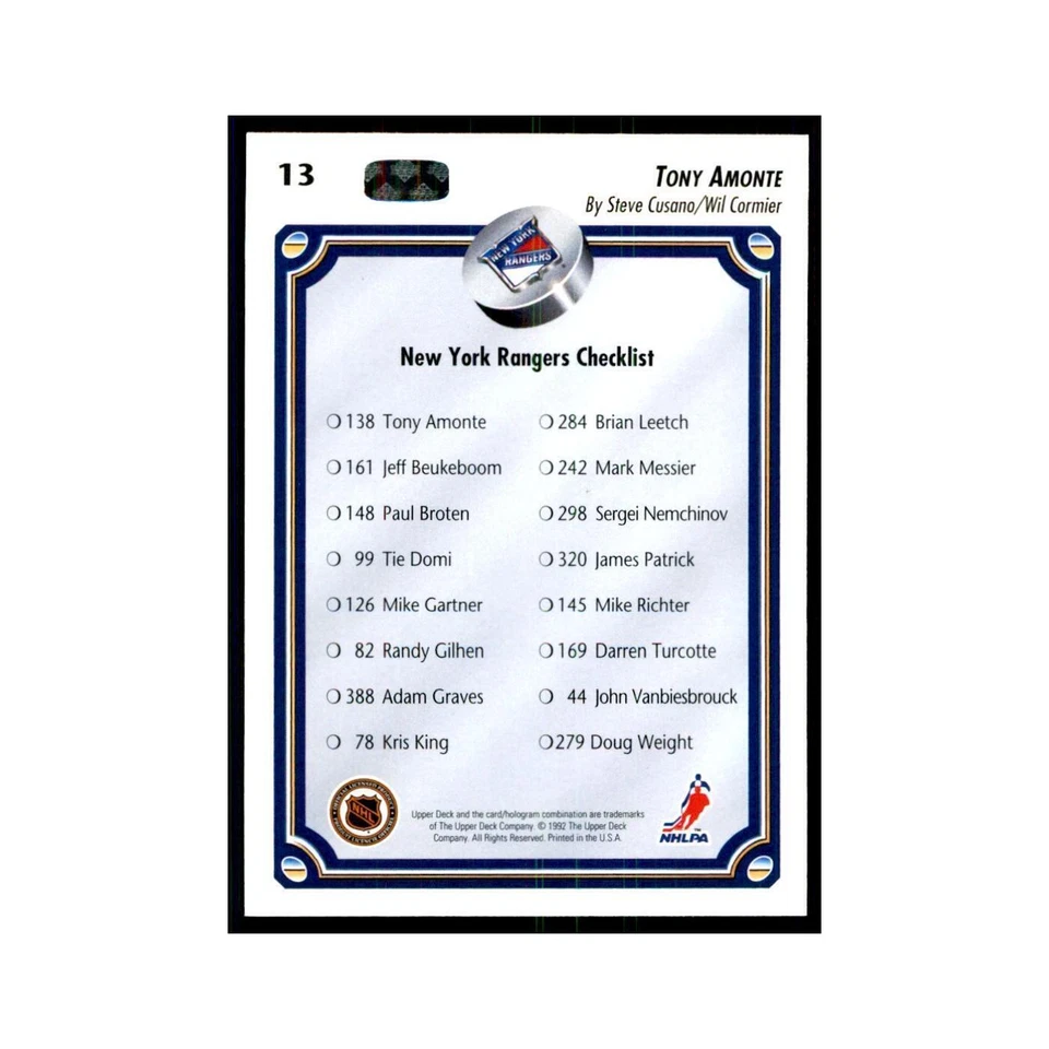 1992 Upper Deck Tony Amonte Hockey Cards #13 - Image 2 of 3