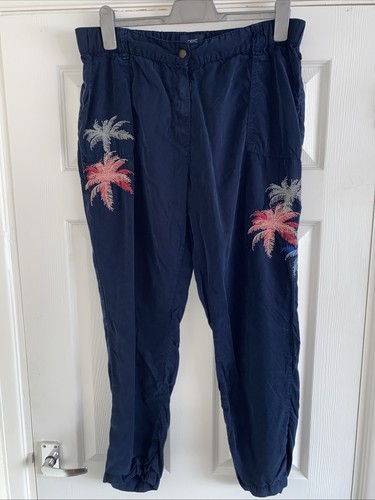Ladies Navy Blue, 100% Lyocell, Embroidered Trousers Size 16 Long By NEXT