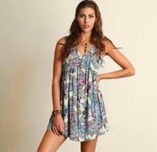 Umgee Women's Ditsy Paisley Bohemian Baby Doll Mini Tunic Sleeveless Dress S