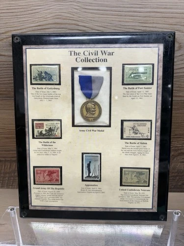 1996 AMERICAN HISTORIC SOCIETY CIVIL WAR MEDAL (REPRO) & STAMPS WALL DISPLAY