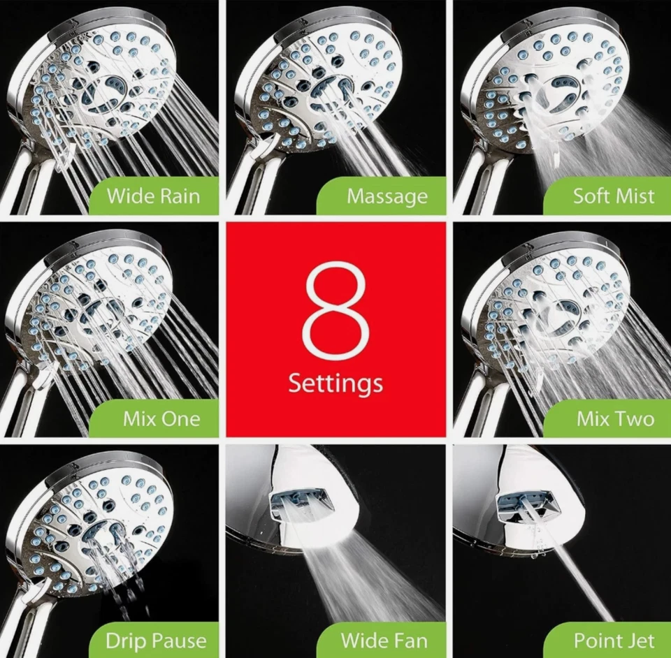 Aquacare High Pressure 8-Mode Handheld Shower Head - Anti-Clog Nozzles, Built-In - Image 3 of 4