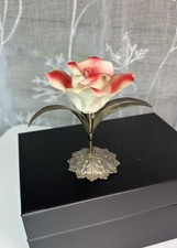 Vintage Italian Capodimonte Porcelain Rose W/A Silver-Plated Base Stem Handmad