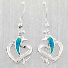 Dolphin Heart Ocean Blue Fire Opal Silver Jewelry Dangle Drop Earrings